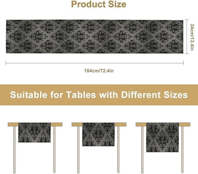 Black Damask Table Runner,Gothic Antique Victorian Floral Boho Table Runner for Home Kitchen Table Dining Garden Farmhouse Wedding Party Decor 13x108 Inch