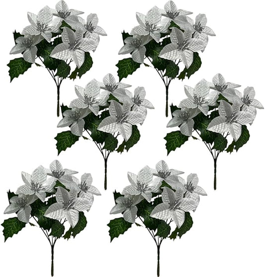 6 Pack Slive Christmas Artificial Poinsettia Flowers Faux Poinsettia Bush Bouquets Silk Poinsettia Christmas Tree Ornaments Poinsettia Flower Arrangement for Home Decor