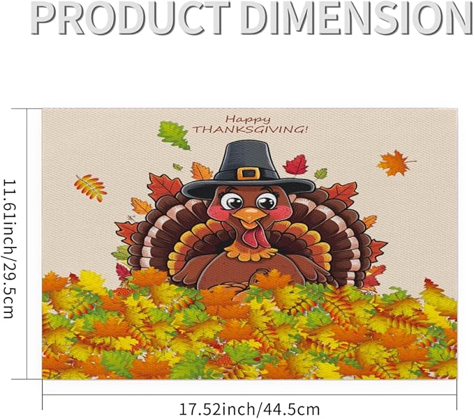 Thanksgiving Leaf Turkey Placemats Set of 6 PVC Vinyl Non Slip Table Mats Heat Resistant Place Mats Washable Wipeable Dining Table Mat for Kitchen Decor Party Indoor Outdoor Decorative Gift