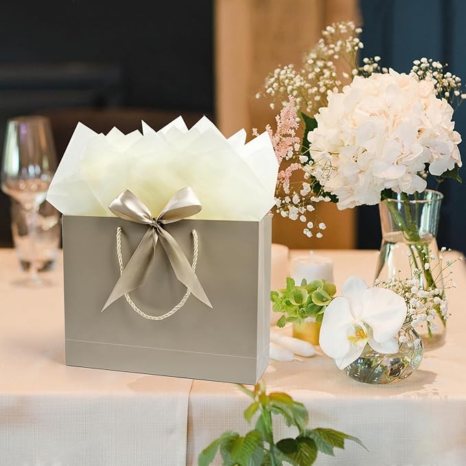 Gift Bags, 13” Large Gift Bags with Tissue Paper Greeting Card, 2PCS Portable Birthday Gift Bag Set, Champagne Gold Present Bags for Birthday Party Favor Wedding Baby Shower Mother’s Day, 13x10x4inch