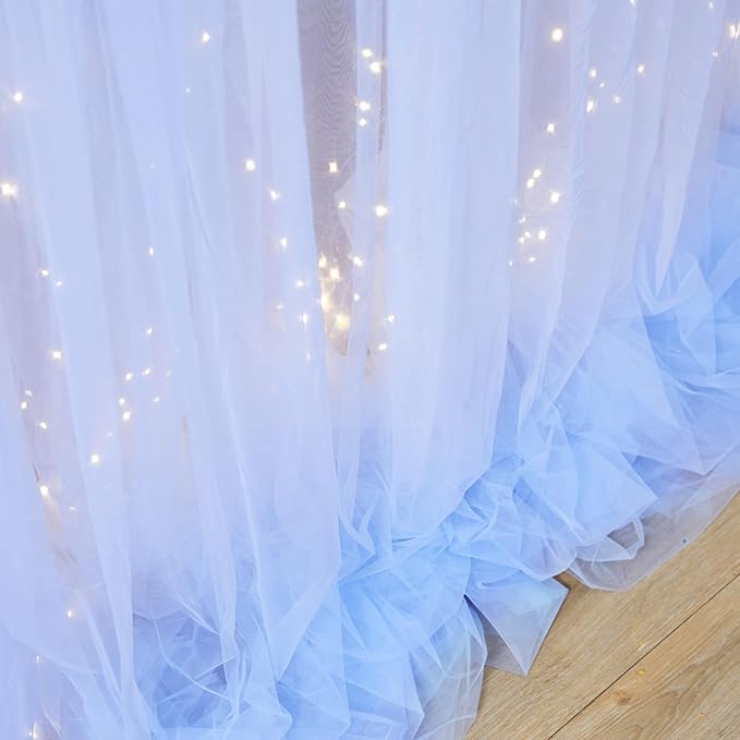 10ft x 10ft Baby Blue Tulle Photo Backdrop Curtain with Lights String for Parties Wedding Sheer Blue Curtain Backdrop for Birthday Party Baby Shower Boy Photo Booth Photography Background Decorations