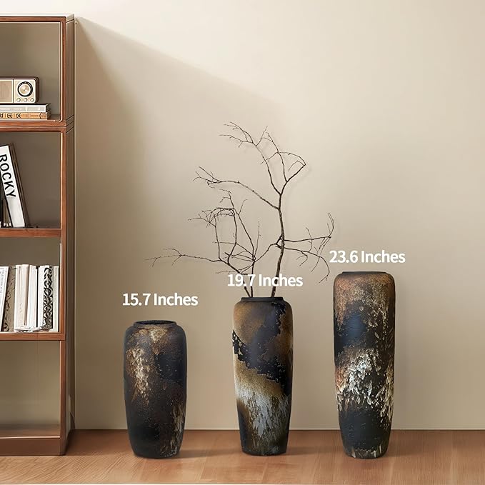 Rustic Ceramic Tall Floor Vase,15.7 Inch Black Large Pottery Farmhouse Decor Floor Vase for Living Room Entryway Table Centerpiece Decor,Vintage Terracotta Vases,Wedding Gift