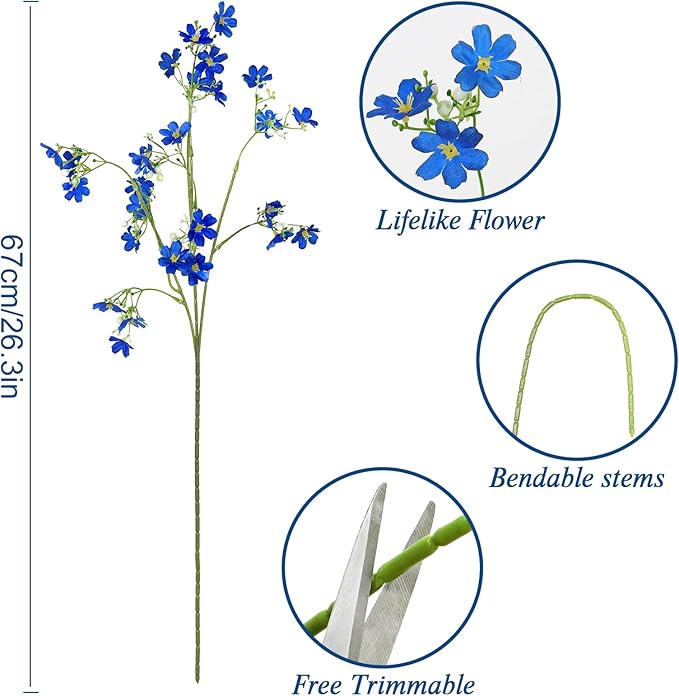 Artificial Flowers 8PCS Silk Flowers with Long Stems, Fake Flowers Bulk Fake Babys Breath, Royal Blue Flowers for Tall Vase Outdoor Garden Wedding Party Home Table Centerpiece