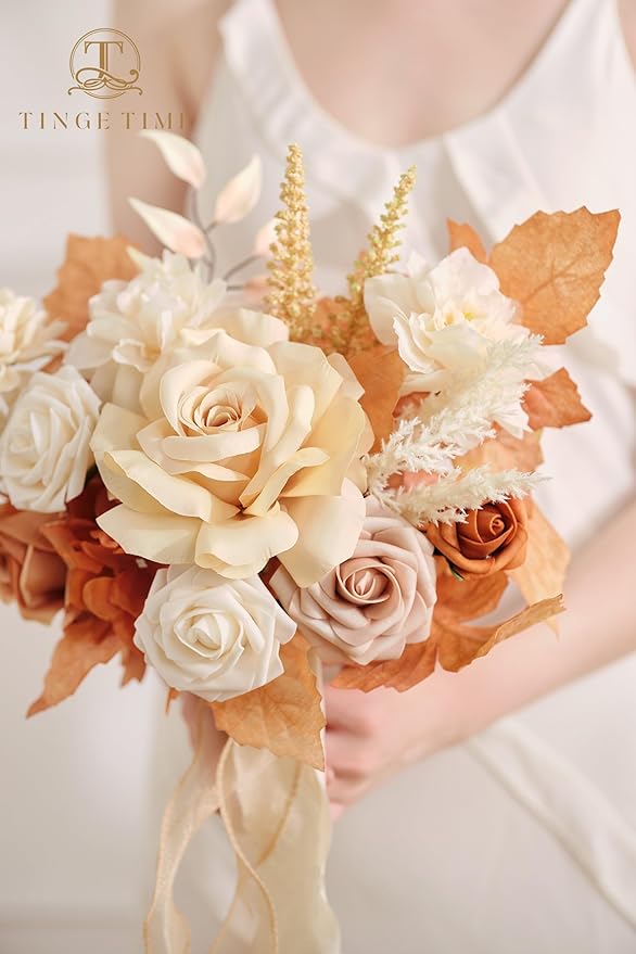 TINGE TIME 7inch Wedding Bouquets for Bridesmaid, Artificial Flowers Cascading Bridal Bouquet for Wedding (Burnt Orange & Champagne, Set of 4)