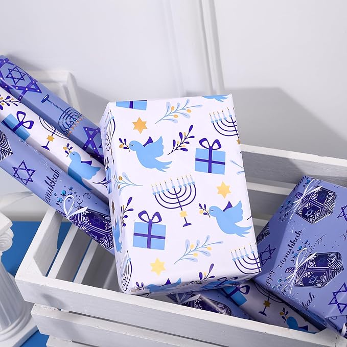 WRAPAHOLIC Hanukkah Wrapping Paper Roll - Mini Roll - 3 Rolls - 17 Inch x 120 Inch Per Roll - Menorah Lights, the Star of David and Dreidels Design