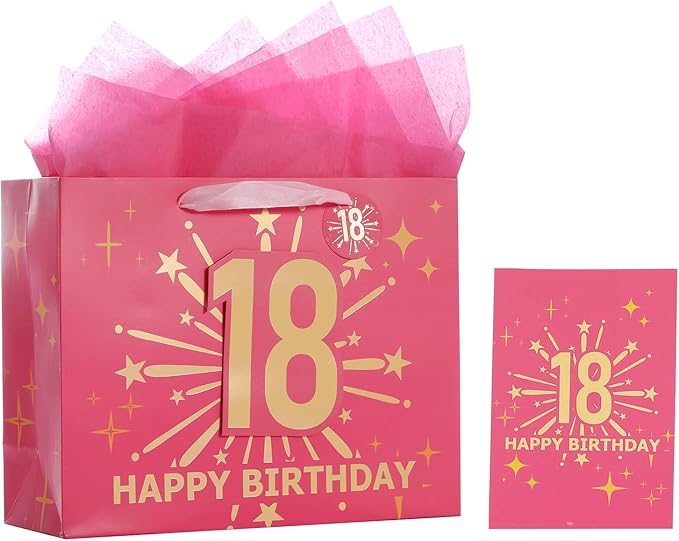 Bloomwords 18th Birthday Gift Bag Set with Card & Tissue – 13" Elegant Keepsake Party Bags for Unisex Anniversaries, Gift Wrapping & Celebrations(Pink)
