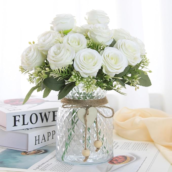 Fake Flowers in Vase,Fake Flowers with Vase 18 Pcs Faux Rose Flowers,Artificial Flowers for Home Decor, Indoor Centerpiece for Living Room & Dining Table (White)