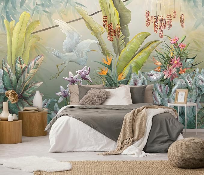 Hand-Painted Colorful Leaves Wall Mural, White Cranes Playful Leaves Wallpaper, Wall Decorations（Non-self-Adhesive）