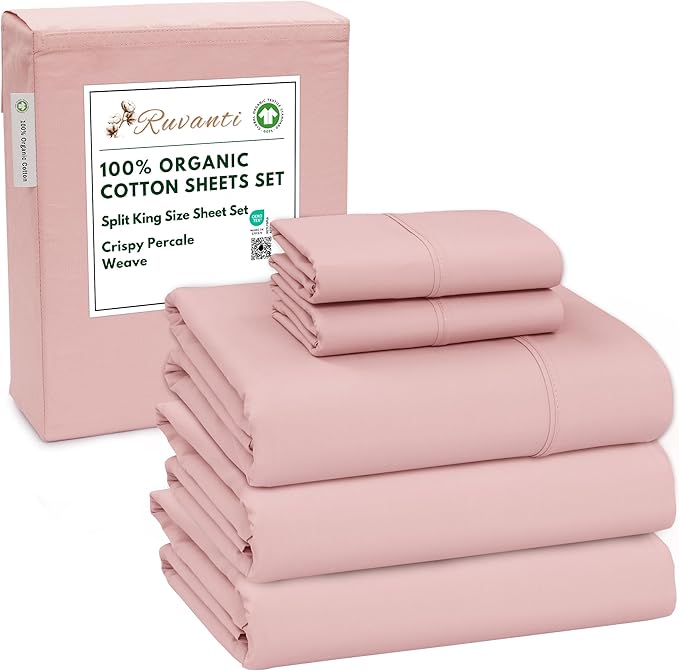 RUVANTI 100% Organic Cotton Sheets Split King, Percale Weave, GOTS Certified, 5-Piece Set, Deep Pocket 15", Crisp & Breathable, Soft Durable Bedding, Sábanas Algodón Orgánico – Peach Skin