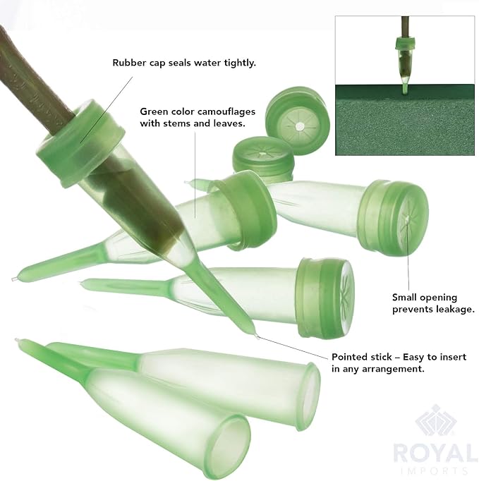 Royal Imports Floral Water Tubes with Caps – 3" Green Plastic Flower Vials for Single Stem Roses, Buds, Bouquets – Pointed Style, 1/2" Opening – 100 Pack