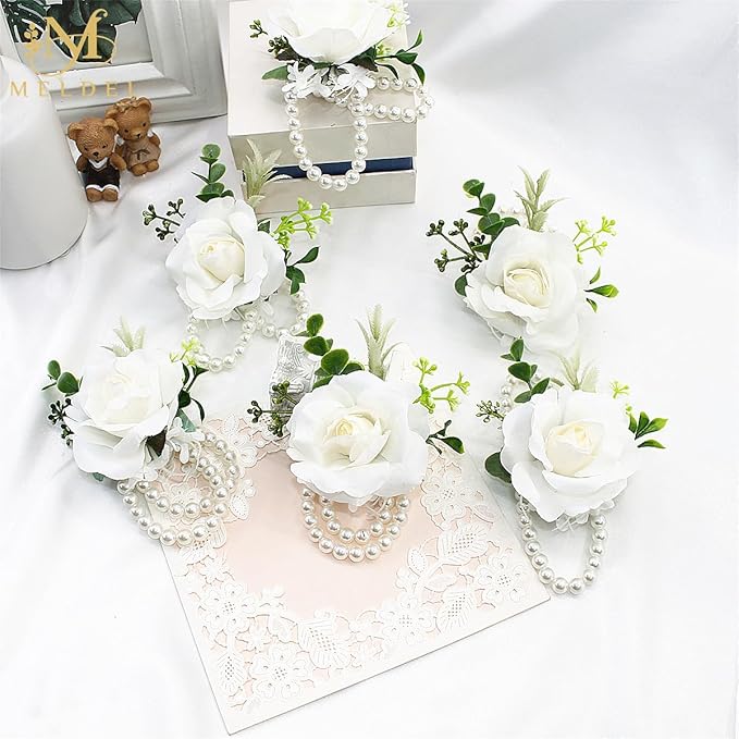 Meldel White Rose Wrist Corsage, Pack of 2 PCS Wedding Bridal Wrist Flower Corsage Hand Flower Artificial Silk Rose Decor for Prom Party Wedding