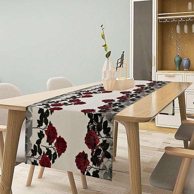 Red Rose Print Table Runner, Romantic Vintage Rose Summer Dark Flower Dinner Runner Table Decoration for Home Kitchen Dining Holiday Wedding Party 13x36in