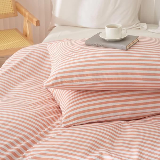 King Size Comforter Set Pink White Stripes Pattern Comforter Modern Striped Comforter Set Fluffy Lightweight 3 Pieces Bedding Comforter Farmhouse Stripes Boho Bed Comforter with 2 Pillowcases