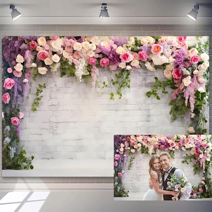 15x8ft Retro White Brick Wall Floral Backdrop Romantic Roses Vine Leaves Photography Background Girls Birthday Party Wedding Bridal Shower Flowers Brick Wall Decoration Supplies Photo Booth Props