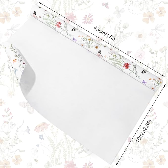 JarThenaAMCS Wildflower Wrapping Paper -Mini Roll- 17 Inch x 32.8Ft Watercolor Floral Butterfly Gift Wrap Paper Spring Art Paper for Wedding Bridal Baby Shower DIY Craft