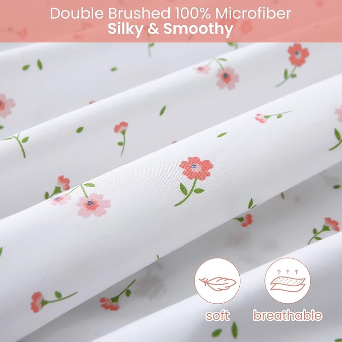 Softan Pink Floral Full Sheet Set Flower Printed Bed Sheets Double - 4 Piece Microfiber Patterned Fitted Bed Sheets with 15" Deep Pocket & Straps, Cozy Cute Pink Sheets and Pillowcase Set