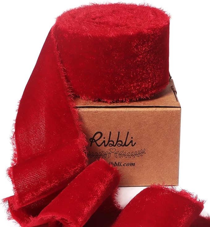 Ribbli Red Velvet Ribbon 1.5 Inch Handmade Frayed Vintage Christmas Ribbon for Gift Wrapping Christmas Tree Ornament Wreath Craft Home Decor -3 Yards