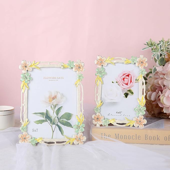 5x7 Picture Frame Enamel Floral Design Metal Photo Frame with HD Glass, Tabletop or Wall Home Art Decoration, Creative Gifts Ideas for Flower Lovers, Horizontall & Verticall