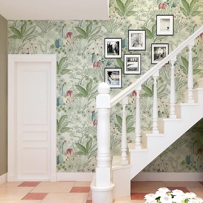 Erfoni 17.7inch x 393.7inch Floral and Leaf Wallpaper Floral Peel and Stick Wallpaper Green Contact Paper Vintage Flower Wallpaper Stick and Peel Self Adhesive Removable Wallpaper for Bedroom Decor
