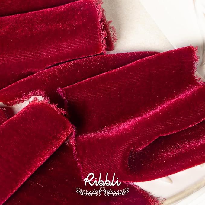 Ribbli Burgundy Velvet Ribbon 3 Inch Handmade Frayed Vintage Christmas Ribbon for Gift Wrapping Christmas Tree Ornament Wreath Craft Home Decor -3 Yards