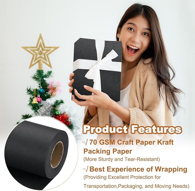 PATIKIL Wrapping Paper, 12" x 500"(42') 70 GSM Craft Paper Roll Kraft Packing Paper for Poster Bulletin Board, Gift Wrapping, Black