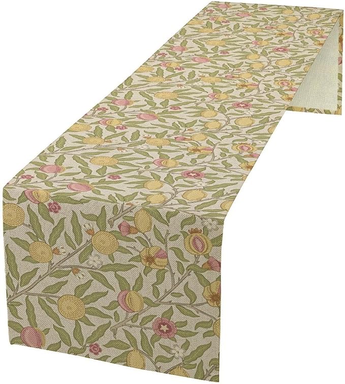 Vintage William Morris Table Runner, Yellow Lemon Fruit Peach Plant Boho Farmhouse Decor Table Runner for Kitchen Dining Home Party, 13x36 Inch