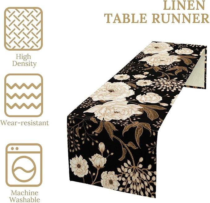 Black Gold Floral Table Runner, Retro Peony Rose Flowers Oriental Style Gothic Garden Print Table Runner for Farmhouse Kitchen Indoor Outdoor Decoration, 13x108inch
