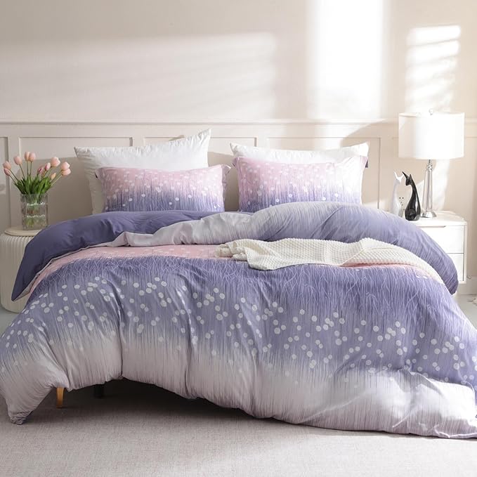 LONAVA King Patchwork 3 Pcs Duvet Cover Set, Breathable Soft Microfiber Purple Lining Comforter Cover with Zipper Closure, and 2 Anti-Pilling, Fade Resistant Pillowcases, Purple Blossom