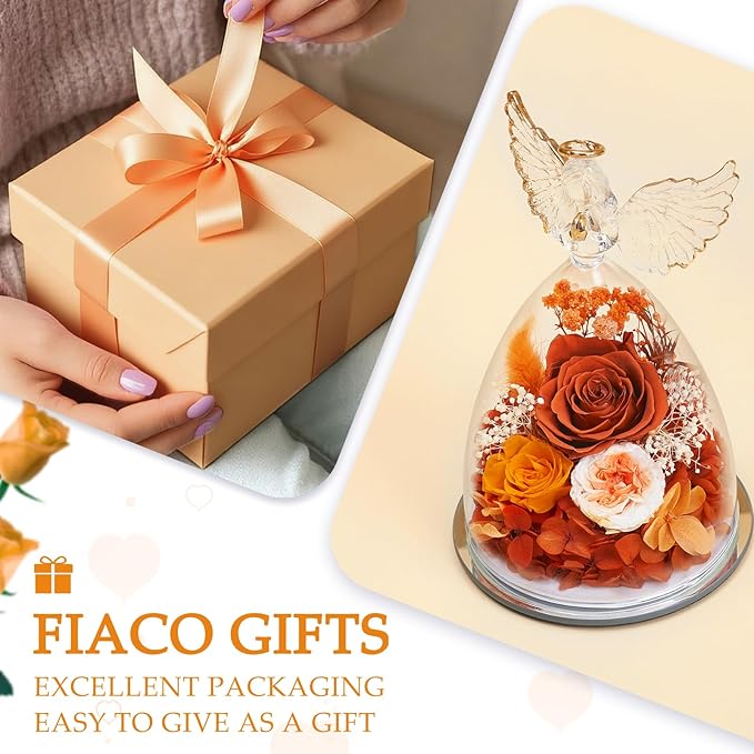 FIACO Gifts for Women Mom Preserved Rose Forever Flower in Glass Angel Figurine Fresh Flowers for Delivery Birthday Gifts for Grandma Wife Sister Christmas Anniversary Eternal Roses