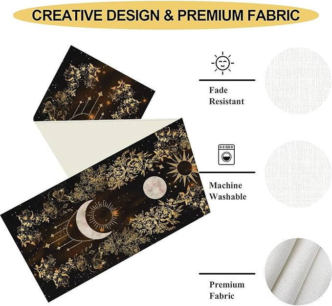 Boho Floral Table Runner, Spring Gothic Moon Phase Wildflower Mystical Witchy Farmhouse Coffee Table Center Decor for Home Kitchen Dining Patio Holiday Party Table Decorations 13x72 inches