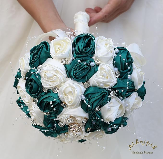 Bridal Wedding Bouquet Round Bling Brooch Bouquet Throw Toss Artificial Rose Flower Bunch for Bride Bridesmaid Wedding Quinceanera(Dark Green & Ivory, 6.3")
