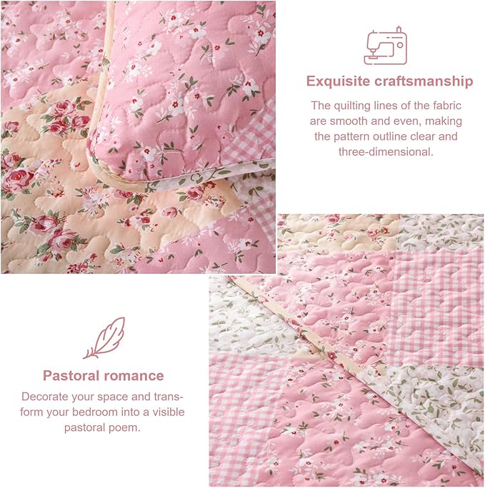 Dinjoy Pink Quilt Set Queen Size, Reversible Floral Plaid Patchwork Pattern Bedding Set Soft Microfiber Lightweight Bedspread Coverlet 3 Piece Spring Summer Use (90x96 inches)