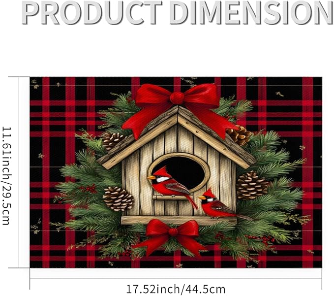 Christmas Art Waffle Cardinal Placemats Set of 4 PVC Vinyl Non Slip Table Mats Heat Resistant Place Mats Washable Wipeable Dining Table Mat for Kitchen Decor Party Indoor Outdoor Decorative Gift