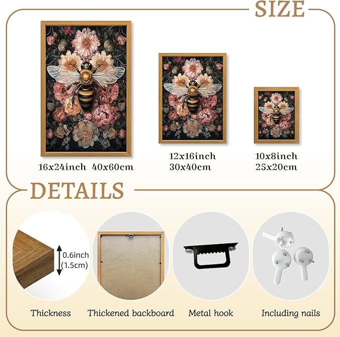 LLEEMPI William Morris Wall Art, Vintage Bee Floral Wall Decor, Insect Flower Canvas Painting, Abstract Nature Botanical Poster Print for Living Room Bedroom Kid Room Hallway Wood Framed 16x24 inch