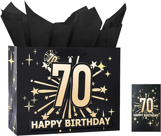 Bloomwords 70th Birthday Gift Bag Set with Card & Tissue – 13" Elegant Keepsake Party Bags for Unisex Anniversaries, Gift Wrapping & Celebrations