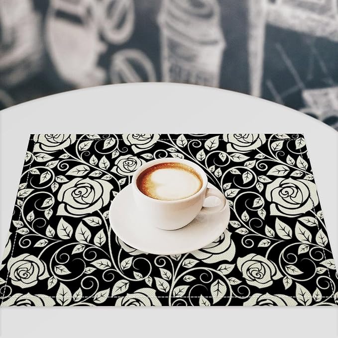 Retro Flowers Placemats Set of 4, 17x12 Inch Modern Aesthetic Black White Florals Leaves Art Print Table Mats for Home Party Kitchen Dining Decor