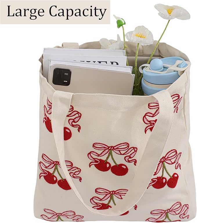 Aesthetic Embroidery Tote Bag for Lady Cute Reusable Canvas Shoulder Bag for Girls Women Shopping Grocery