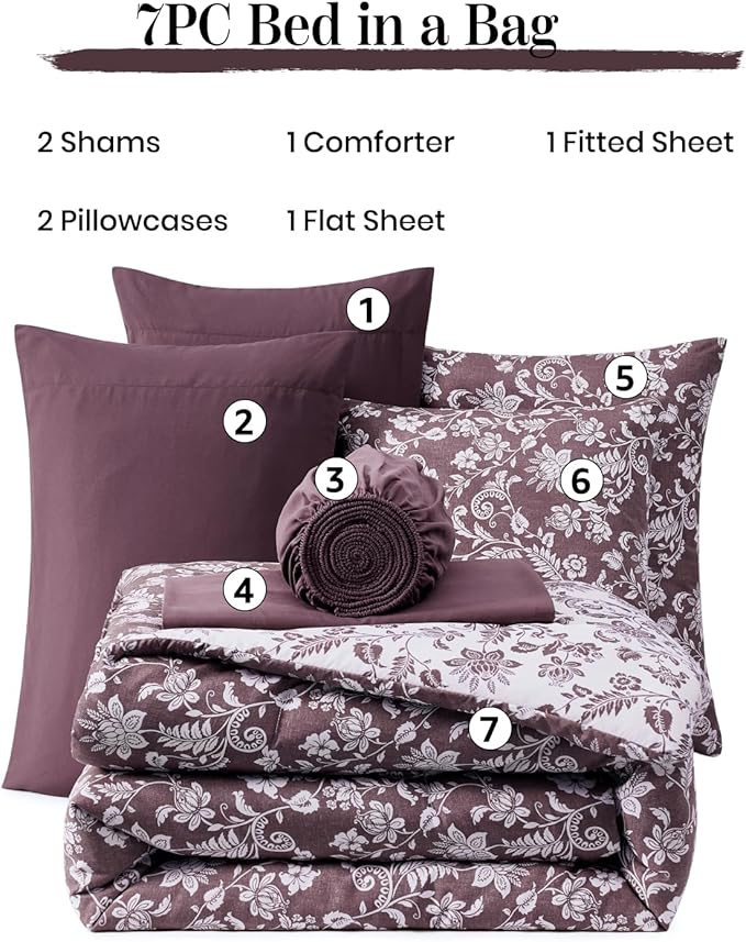 Queen Comforter Set -7 Pieces Floral Dark Purple Comforter Set for All Seasons, Bed in a Bag Queen with Botanical Flowers Comforter, Sheets, Pillowcases & Shams