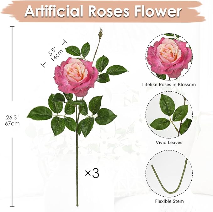 Hollyone 3Pcs Pink Roses Artificial Flowers Bouquets 26.3" Fake Flower Arrangements Silk Flowers Rose with Long Stem Floral Branch Faux Roses Flowers DIY Wedding Party Table Centerpieces Home Decor
