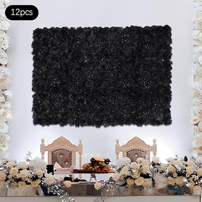 Flower Wall Panel Set,Black Artificial Wall Flower Backdrop,12 Pcs 14.96" X 14.96" 3D Silk Hydrangea Rose Floral Panel,Faux Roses Artificial Flower Backdrop for Wall Decor