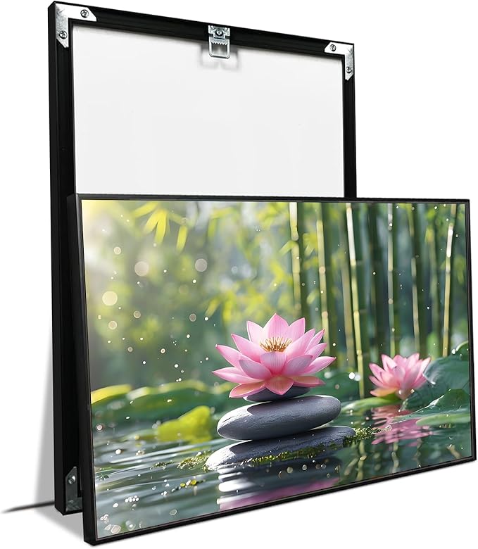 Ethereal pink lotus on obsidian Sunlit bamboo forest with sparkling water drops Poetic nature inspired wall art for tranquil homes and mindful spaces 12x18in Metal blackFramed