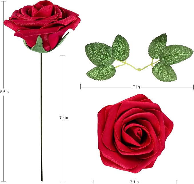Red Artificial Flower Silk Rose 50pcs Fake Rose with Stems Leaves for Home Decoration Party Garden Centerpieces DIY Wedding Bouquets（Dark Red）