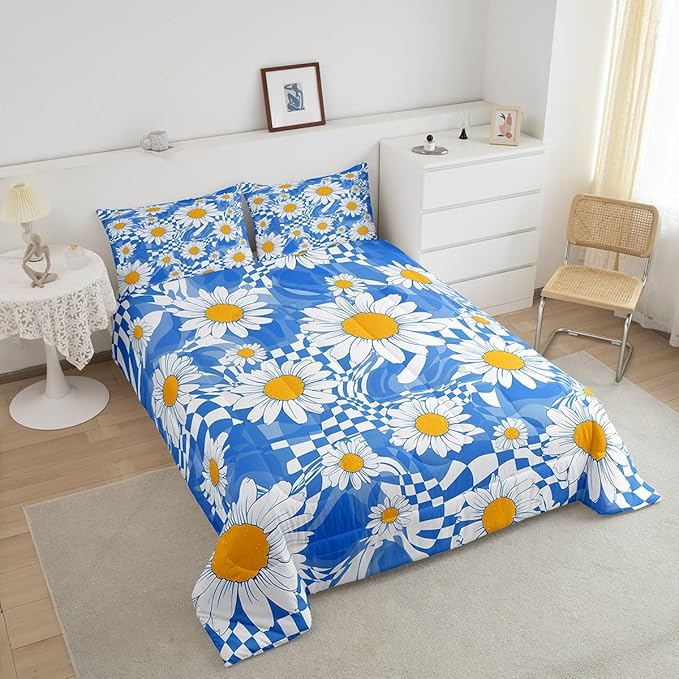 Castle Fairy Kids Abstract Bedding Set for Boys Girls,White Daisy Flowers All Season Cozy Comforter Set Home Decor,Blue Zebra Stripes Geometric Plaid Duvet Set for Chic Birthday Gift, Full Size