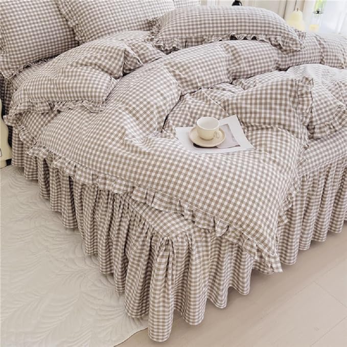 LifeTB Tan Gingham Comforter Set Twin XL Vintage Ruffle Taupe Plaid Checkered Comforter Set 3 Pieces Soft Fluffy Beige Grid Bed Comforter with 2 Pillowcases Farmhouse Gingham Bedding Set