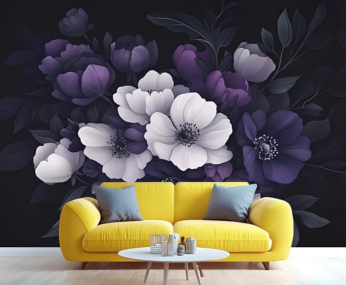 Dark Peony Floral Wall Mural, Purple and Black Flower 3D Wall Murals, Luxury Botanical Wallpaper Mural, for Living Room Bedroom Large Wallpaper Indoor Decor 197" W x124.8 H