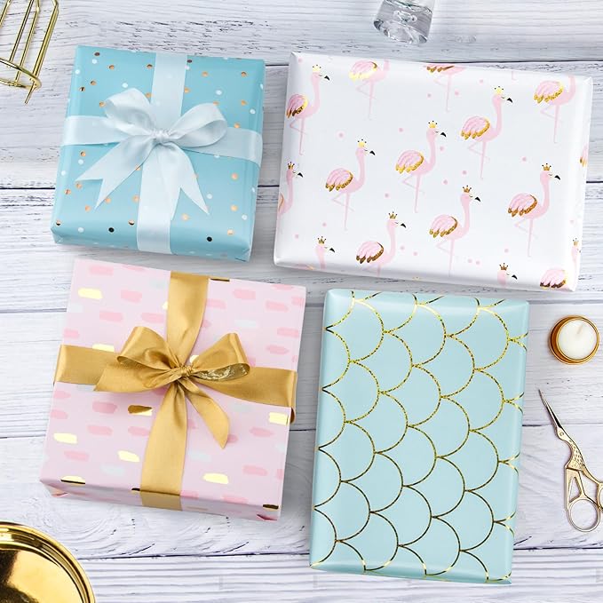 WRAPAHOLIC Wrapping Paper Sheet - 12 Sheets Flamingo/Mermaid/Polka Dot/Brushstroke Design Folded Flat for Birthday, Party, Baby Showers - 19.7 Inch X 30 Inch Per Sheet