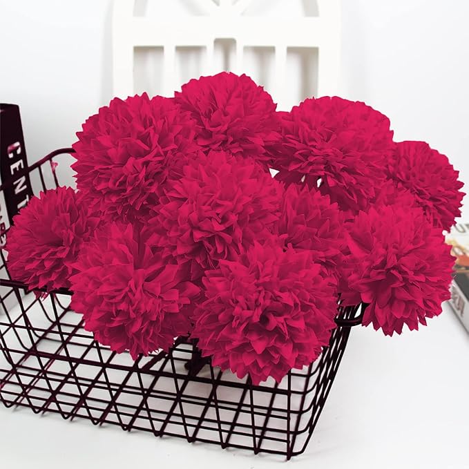 Tinsow 12Pcs Artificial Chrysanthemum Flowers Faux Bright Red Ball Flowers Burgundy Fall for Christmas Autumn Farmhouse Home Decoration (12,Bright Red)