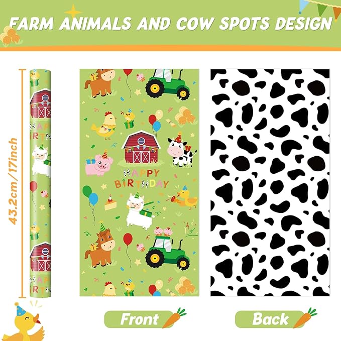 WERNNSAI Farm Animal Wrapping Paper - 1 Roll 17” x 16.4 ft Green Farm Gift Wrapping Paper for Kids Birthday Baby Shower Animal Gift Packing Decoration Supply Reversible Cow Prints Design