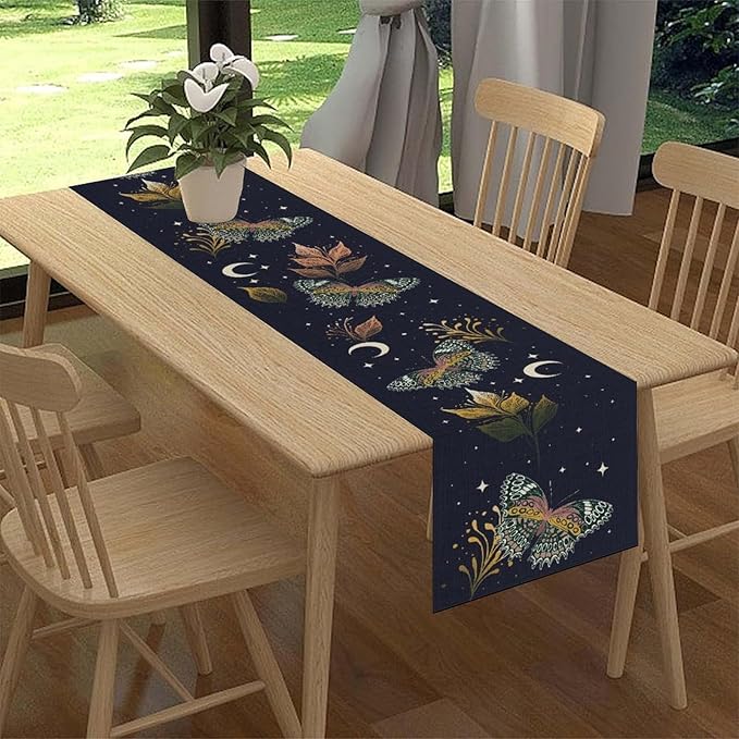 Gothic Moth Table Runner, Boho Gothic Floral Butterfly Sun Moon Mystical Witchy Starlight Coffee Table Center Decor for Home Kitchen Dining Patio Holiday Party Table Decorations 13x72 inches