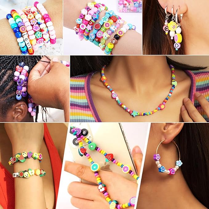1000PCS Polymer Clay Beads Bracelet Making kit, 24 Style Cute Fun Beads Fruit Flower Animal Cake Butterfly Heart Beads Charms for Jewelry Necklace Earring Making DIY Accessories for Women Girls